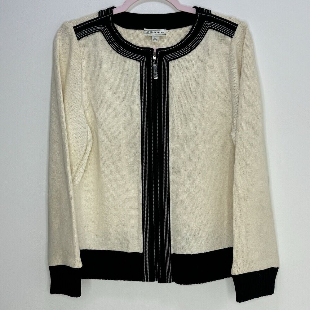 St. John Sport Cotton Nautical Zip Up Jacket L USA Ivory